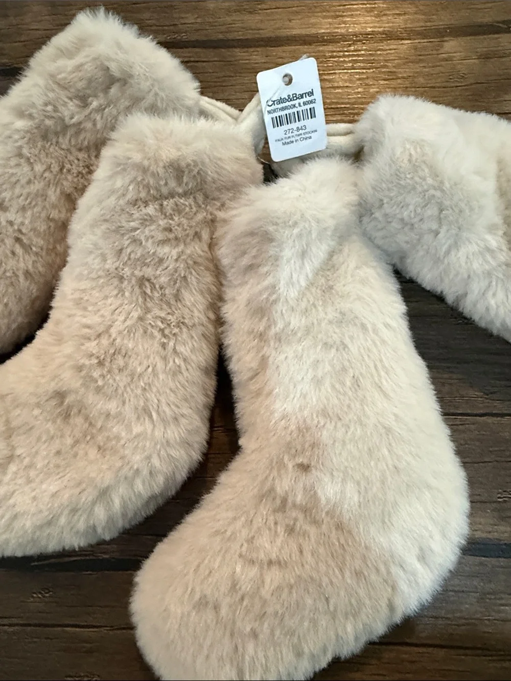 Crate&Barrel Faux Fur Plush Boot Christmas Ornaments. Set of 4.